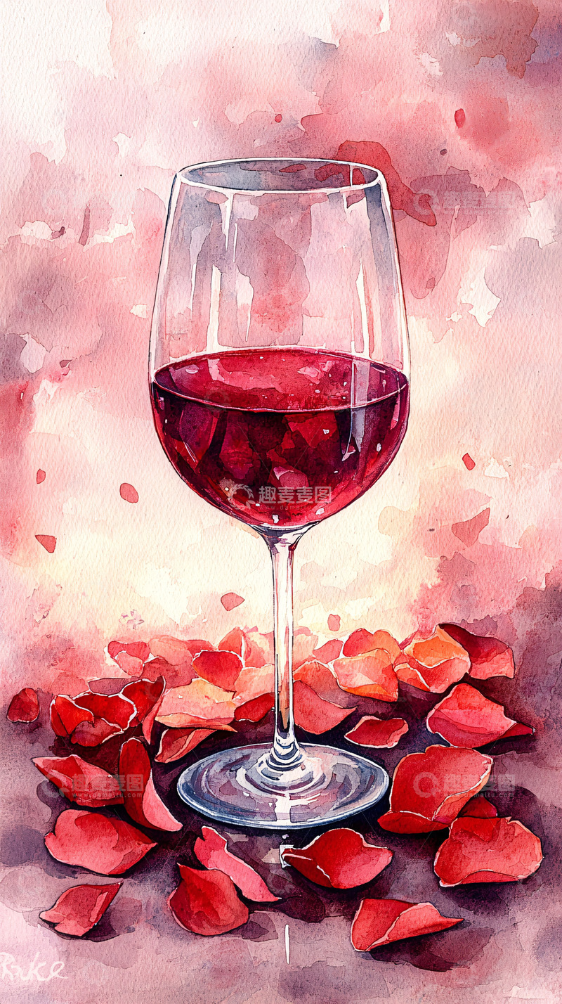 高清大图下载【趣麦麦图】红酒玫瑰花水彩画