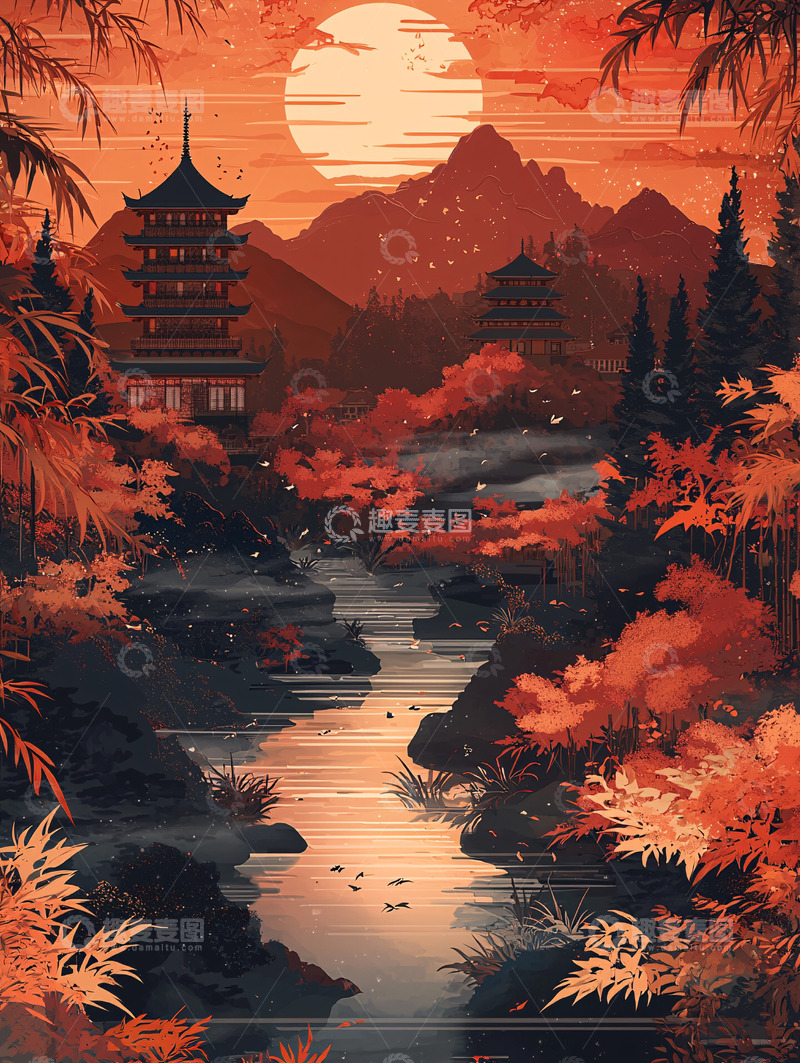 高清大图下载【趣麦麦图】秋日山间塔寺和溪流