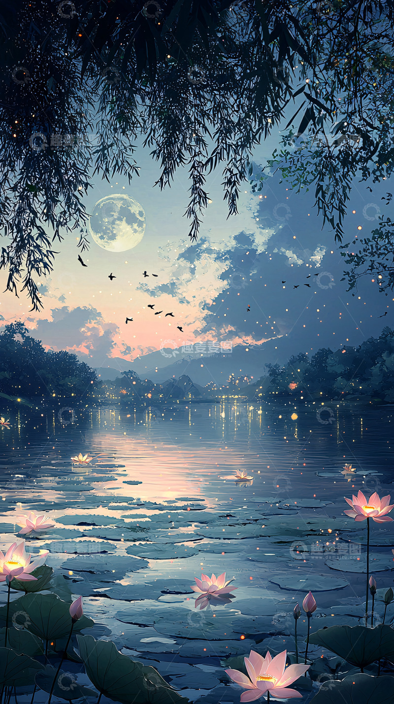 高清大图下载【趣麦麦图】水面倒影下的月夜星空