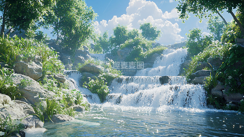 高清大图下载【趣麦麦图】瀑布溪流阳光树木的唯美景色