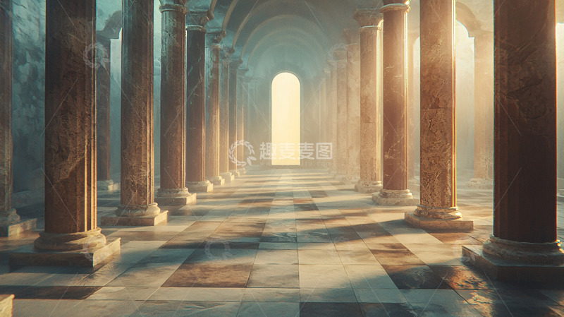 高清大图下载【趣麦麦图】阳光照射下的古老石柱走廊