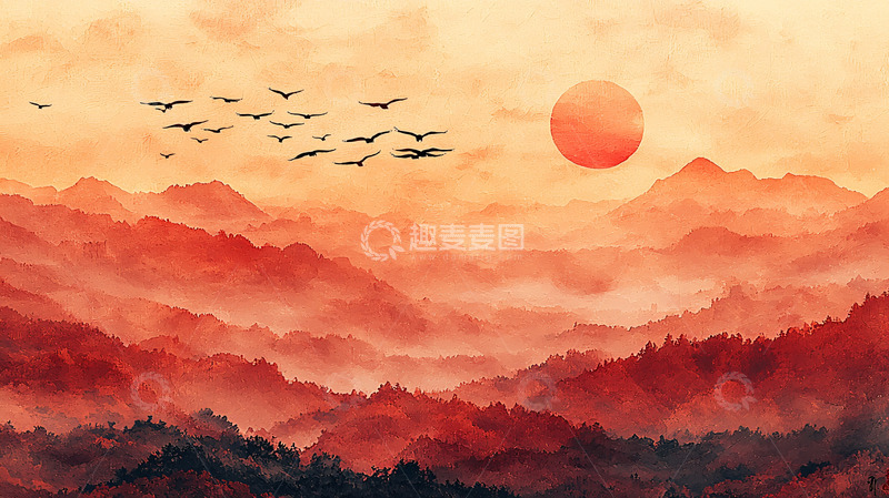 高清大图下载【趣麦麦图】水墨山水日出飞鸟图
