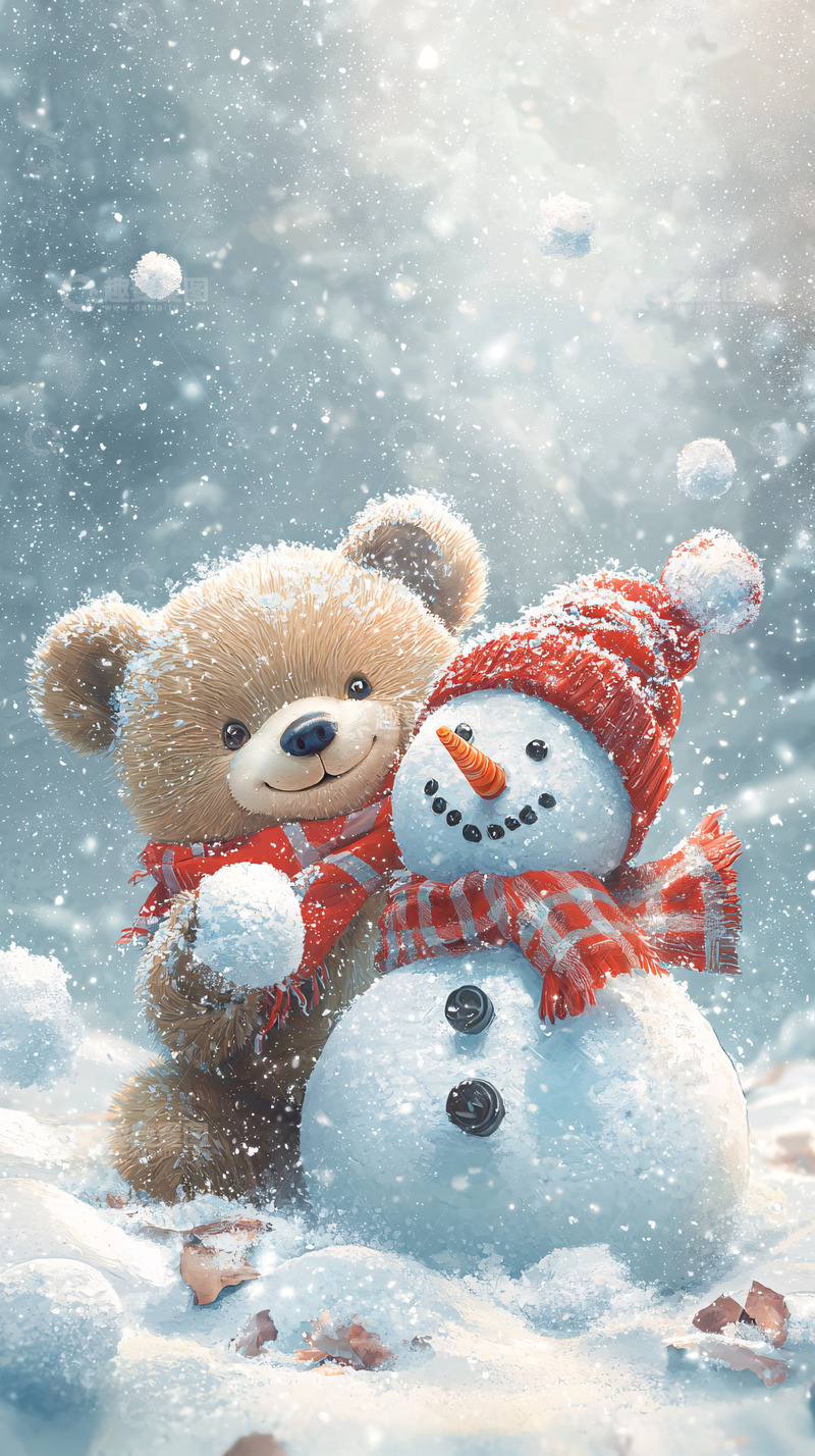高清大图下载【趣麦麦图】雪地泰迪熊和雪人