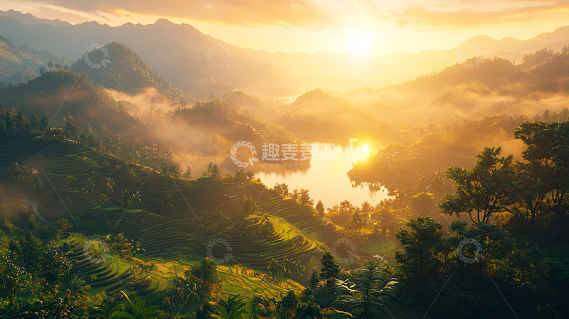 高清大图下载【趣麦麦图】日出山峦湖泊景色