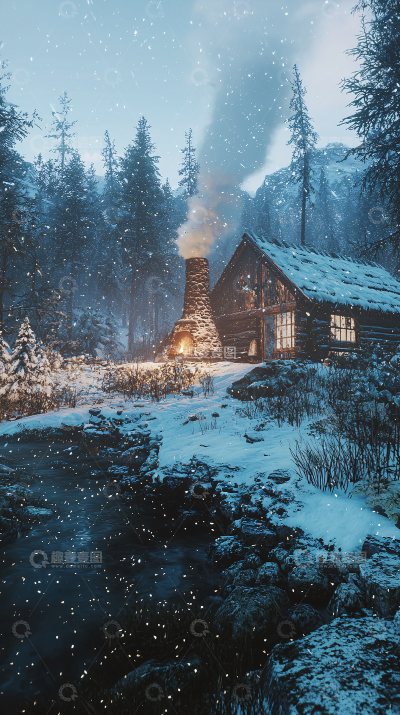 高清大图下载【趣麦麦图】雪夜木屋