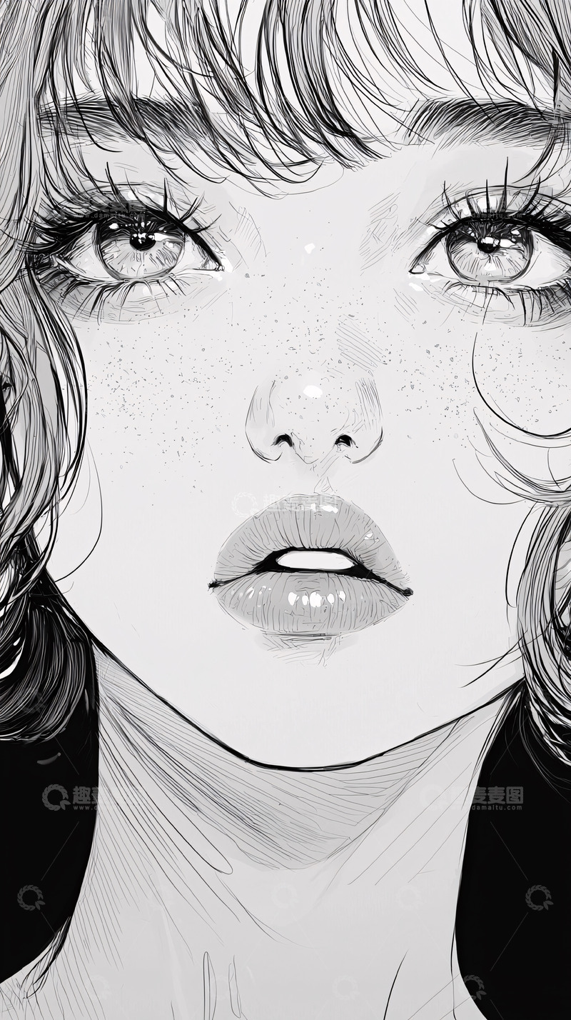 高清大图下载【趣麦麦图】黑白手绘女生头像