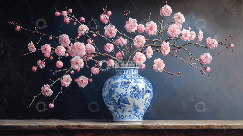 高清大图下载【趣麦麦图】-粉红梅花蓝白瓷瓶静物