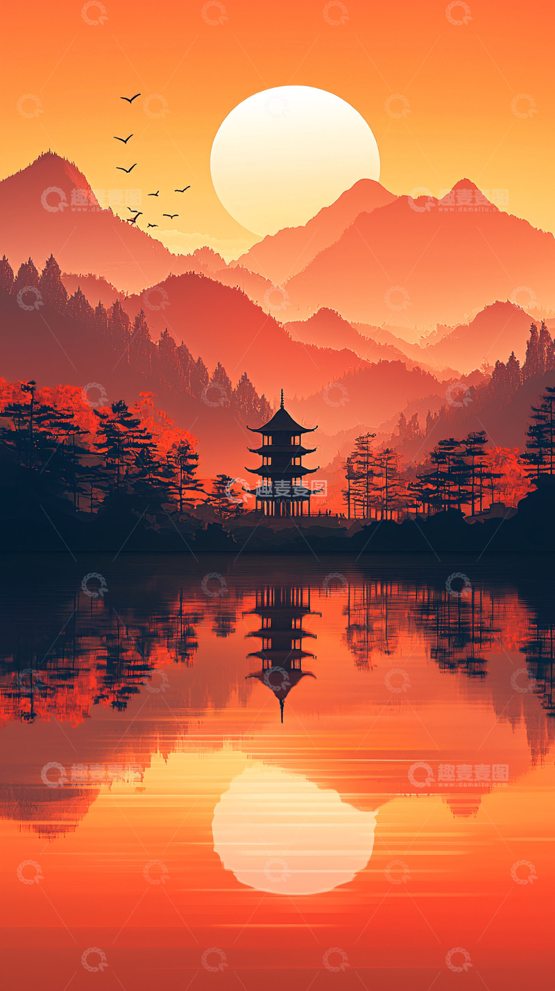 高清大图下载【趣麦麦图】日落山景宝塔倒影