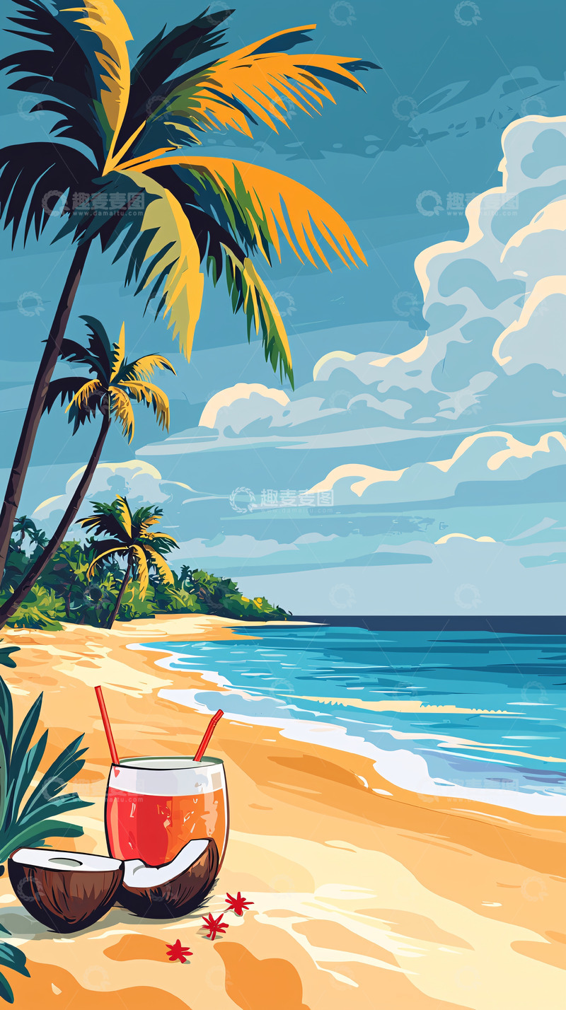 高清大图下载【趣麦麦图】海滩椰树鸡尾酒插画