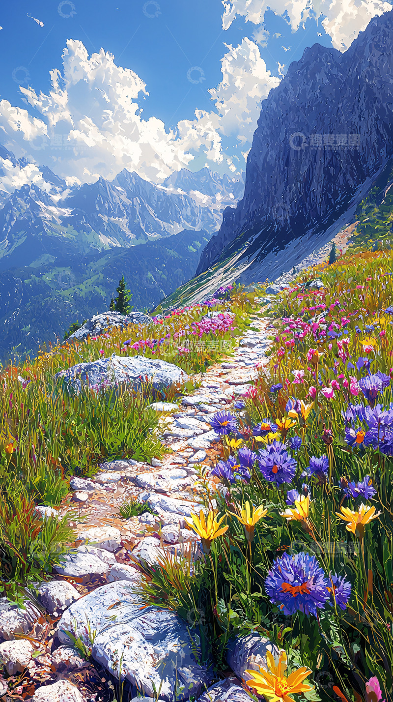 高清大图下载【趣麦麦图】山间小路鲜花盛开