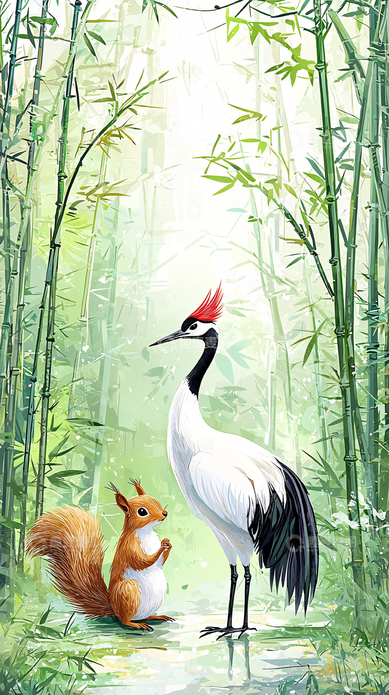 高清大图下载【趣麦麦图】红冠鹤与松鼠竹林图