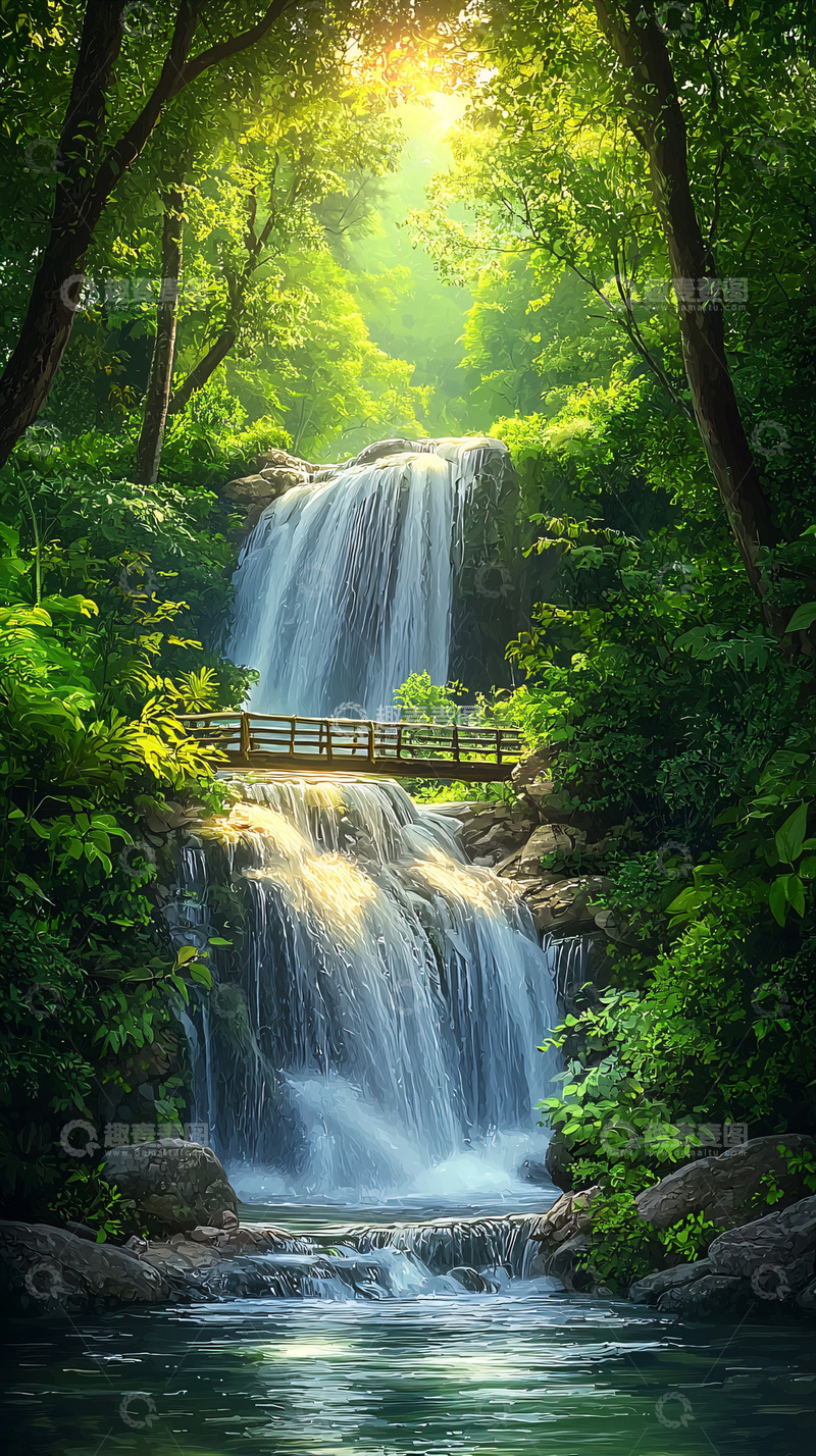高清大图下载【趣麦麦图】森林瀑布景观图