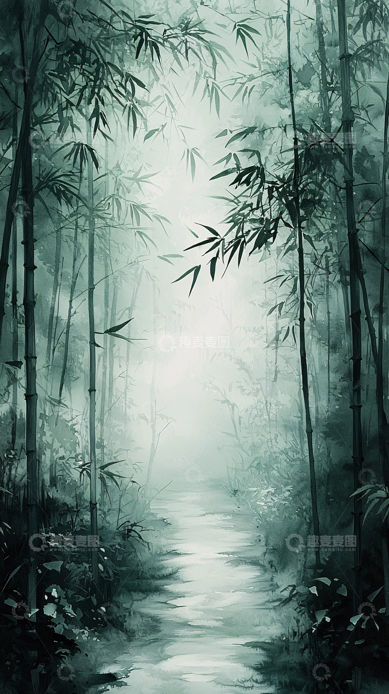 高清大图下载【趣麦麦图】水墨竹林小径