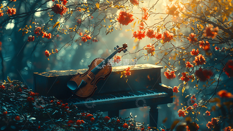 高清大图下载【趣麦麦图】梦幻花园钢琴小提琴