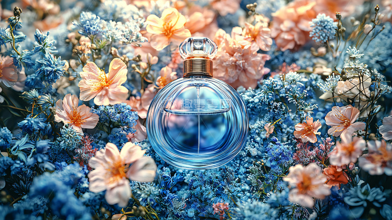 高清大图下载【趣麦麦图】蓝色香水瓶在花丛中
