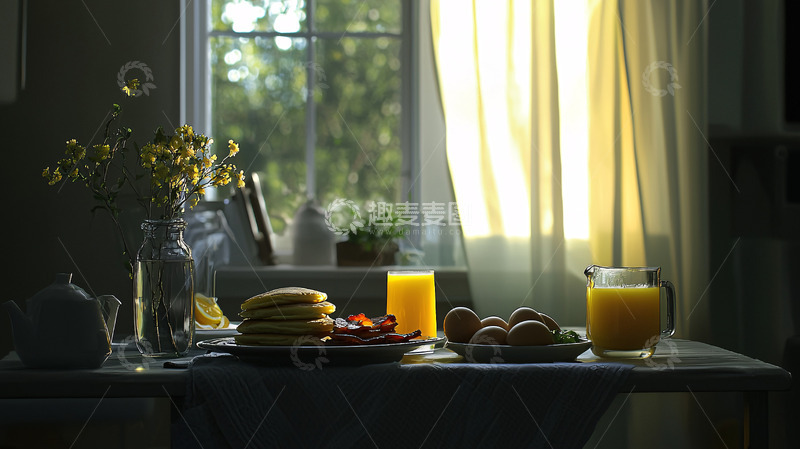 高清大图下载【趣麦麦图】阳光透过窗帘洒在早餐桌上