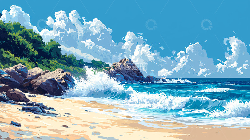 高清大图下载【趣麦麦图】阳光沙滩海浪岩石