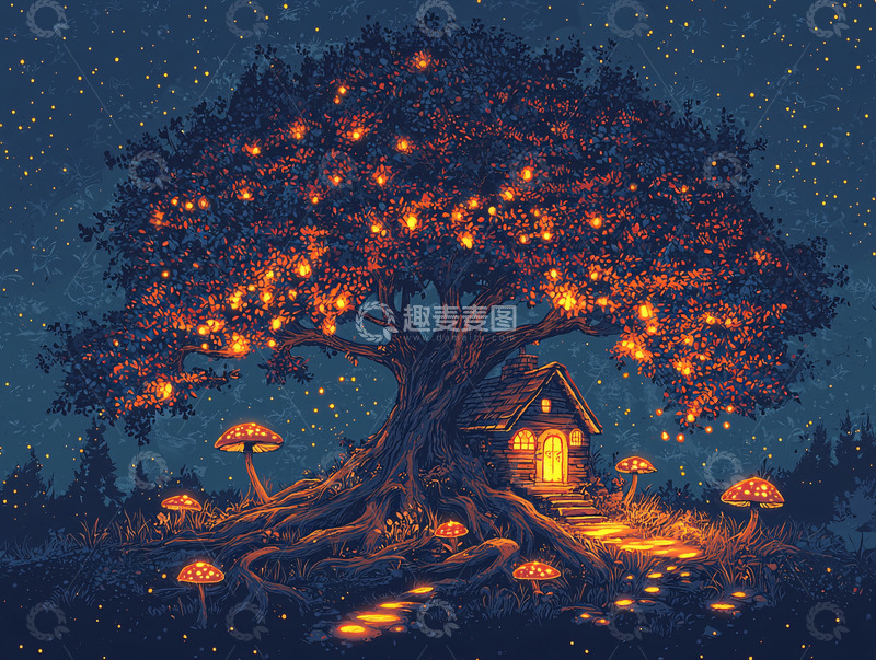 高清大图下载【趣麦麦图】夜空下的发光树屋