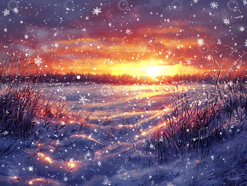 高清大图下载【趣麦麦图】雪夜日落田野风景