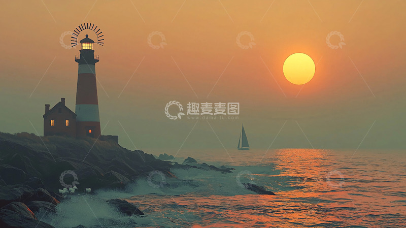 高清大图下载【趣麦麦图】日出航海灯塔