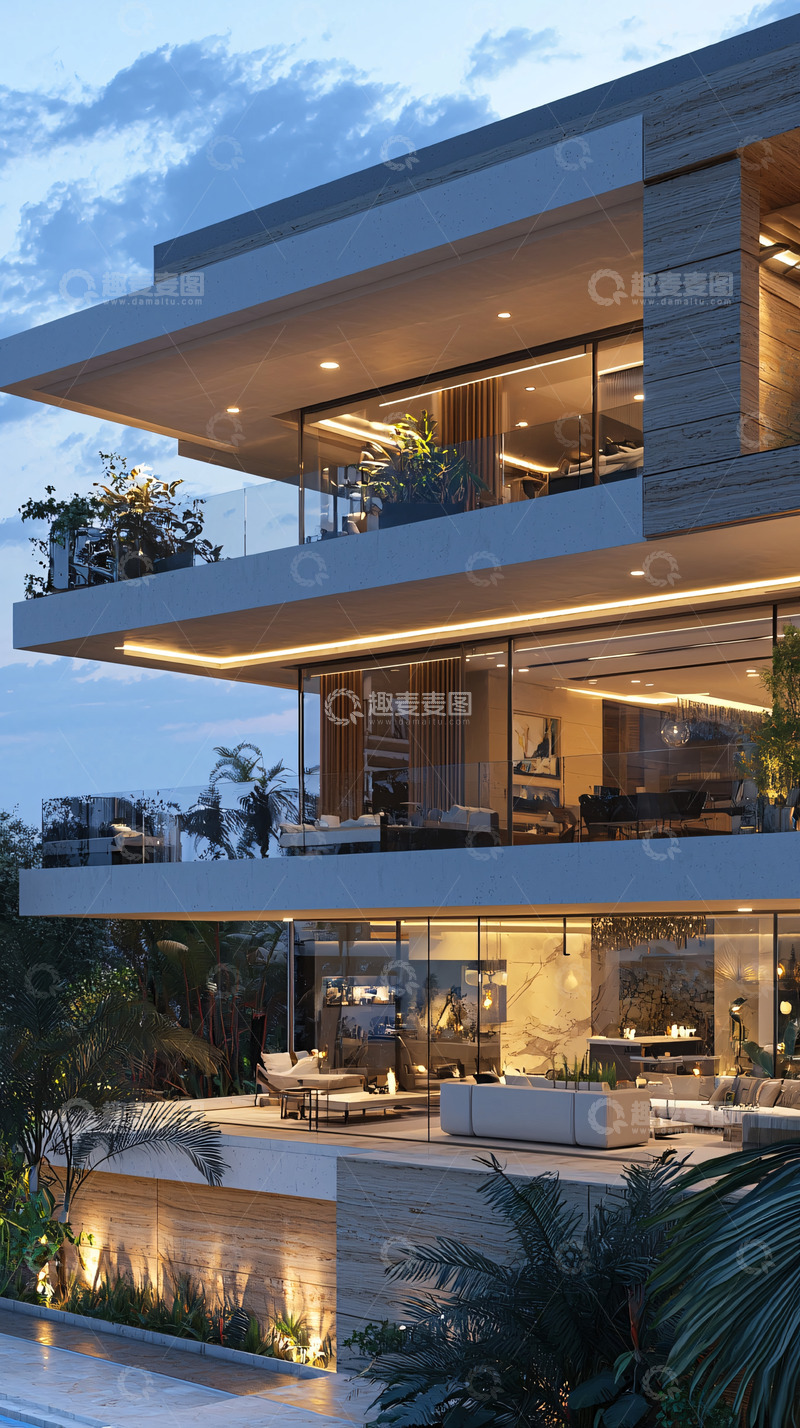 高清大图下载【趣麦麦图】现代风格三层别墅夜景