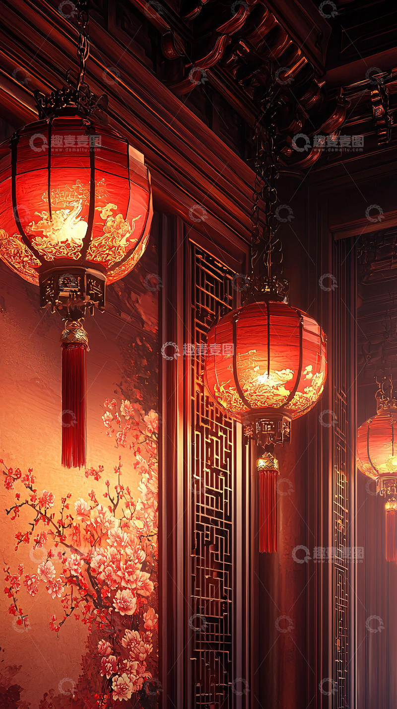 高清大图下载【趣麦麦图】喜庆的红色灯笼挂在古色古香的房间
