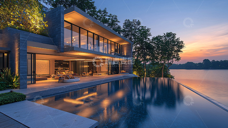 高清大图下载【趣麦麦图】现代简约湖景别墅