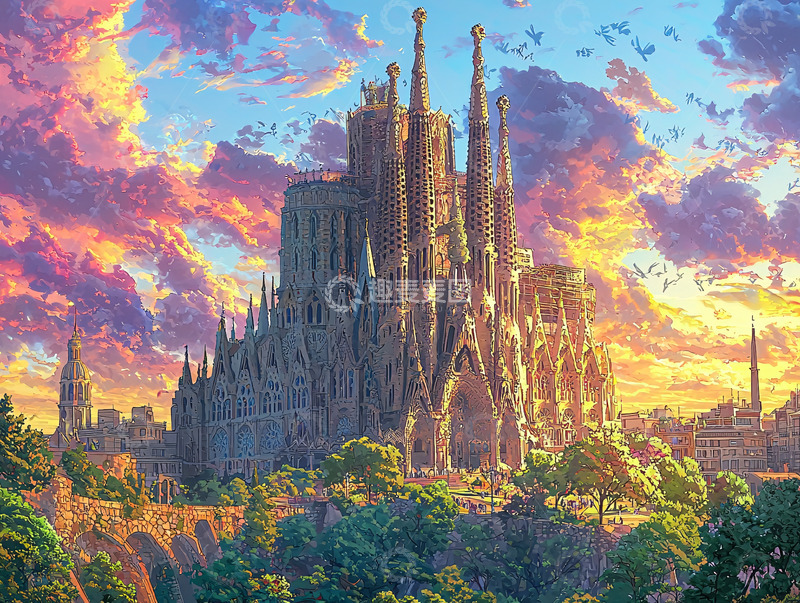 高清大图下载【趣麦麦图】哥特式建筑圣家堂日落