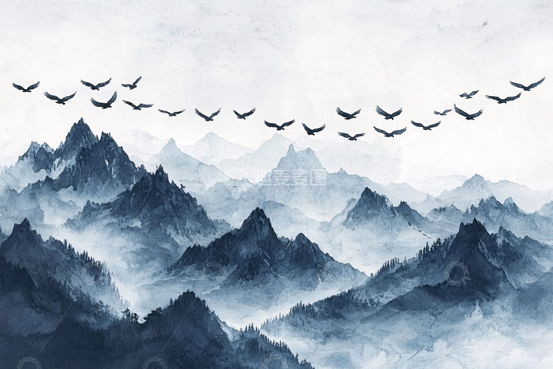 高清大图下载【趣麦麦图】水墨山水飞鸟朦胧意境