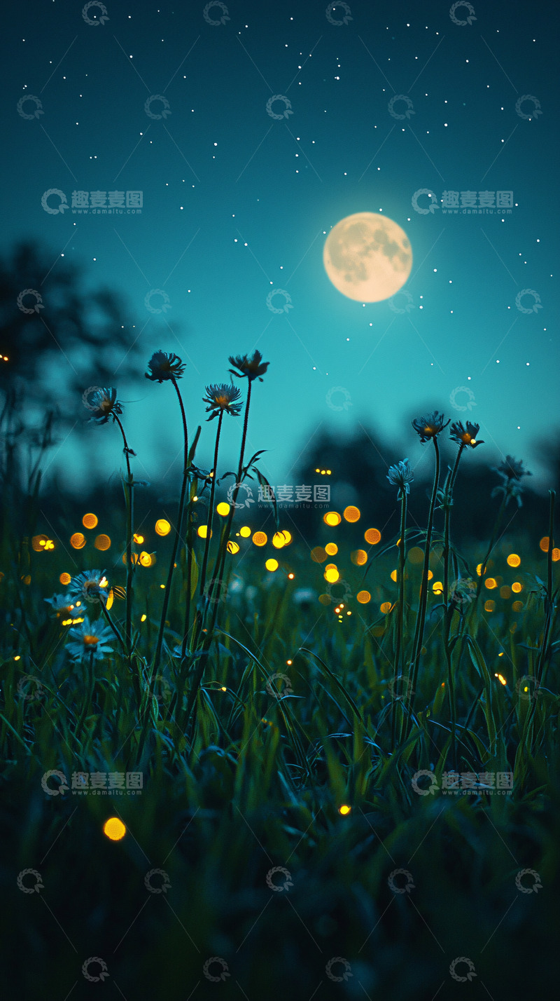 高清大图下载【趣麦麦图】月夜花田萤火虫闪烁