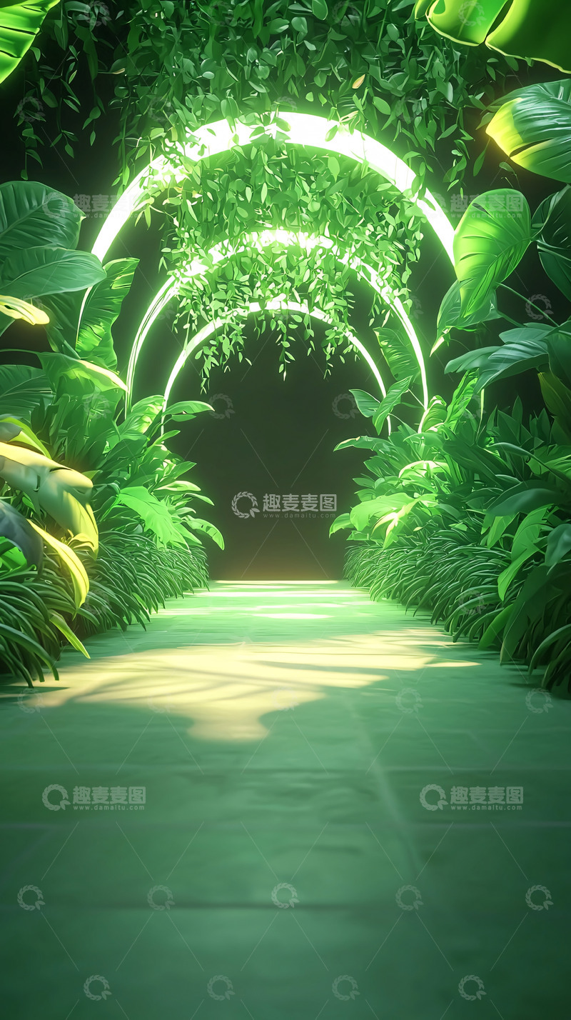 高清大图下载【趣麦麦图】绿色植物环绕的发光拱门