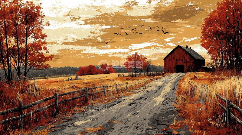 高清大图下载【趣麦麦图】秋日田园红木屋