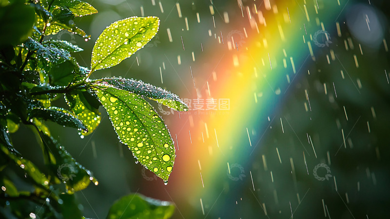 高清大图下载【趣麦麦图】雨后阳光彩虹绿叶