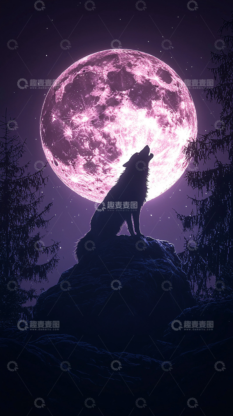高清大图下载【趣麦麦图】狼对着粉色月亮嚎叫