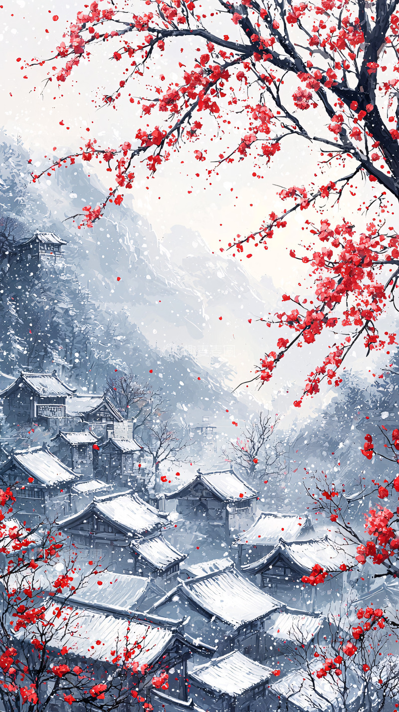 高清大图下载【趣麦麦图】冬日红梅雪景山村