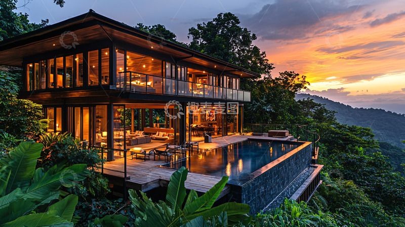 高清大图下载【趣麦麦图】山顶别墅落日余晖