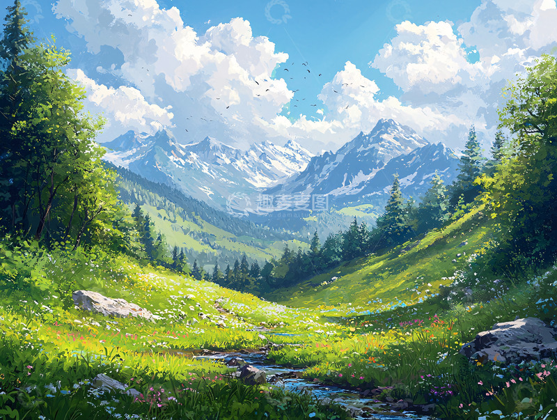 高清大图下载【趣麦麦图】阳光明媚的山谷风景