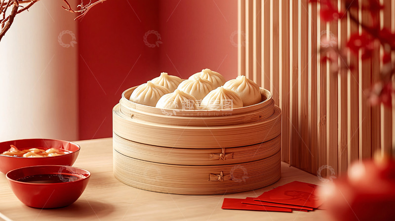 高清大图下载【趣麦麦图】红木蒸笼内鲜美包子