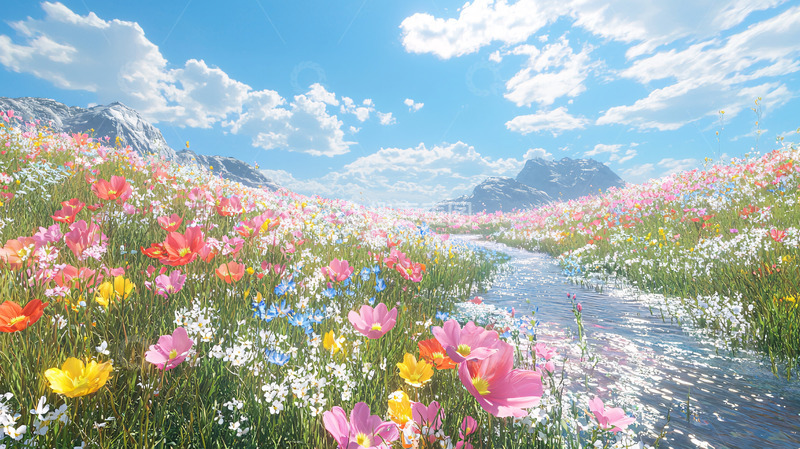 高清大图下载【趣麦麦图】梦幻花田溪流