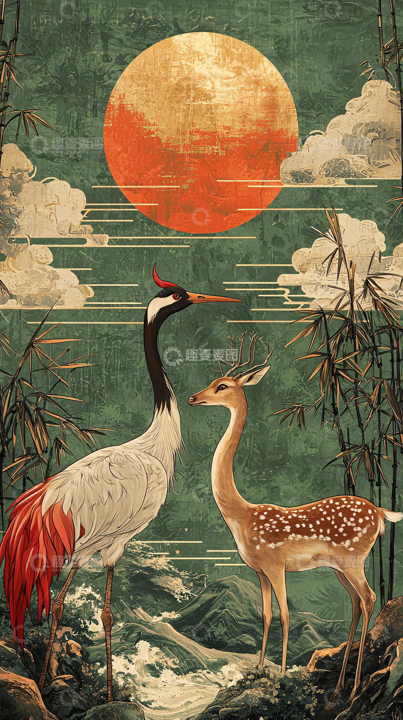 高清大图下载【趣麦麦图】仙鹤与鹿在山水间