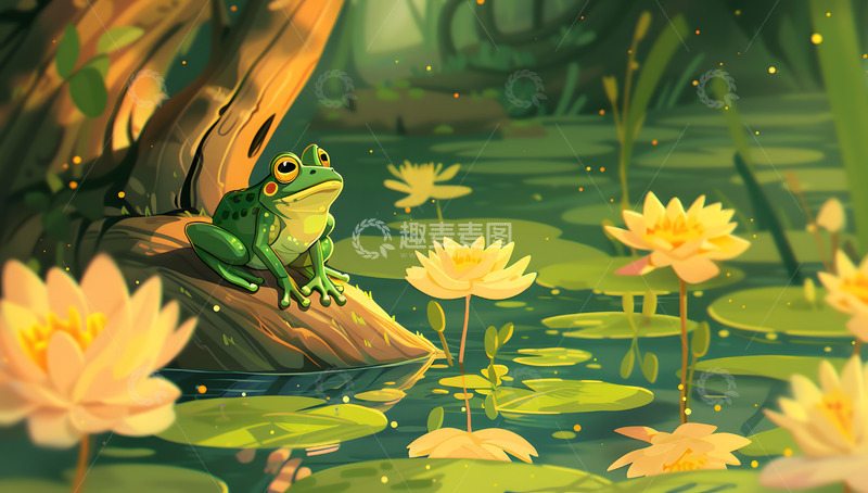 高清大图下载【趣麦麦图】夏天池塘里的小青蛙手绘插画3