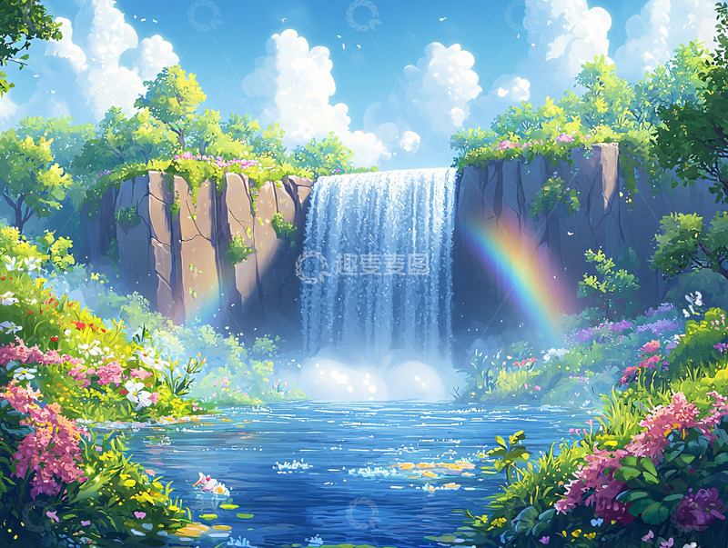 高清大图下载【趣麦麦图】美丽瀑布彩虹下的童话