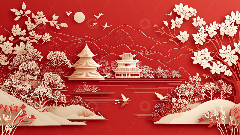 高清大图下载【趣麦麦图】红色剪纸中国风背景