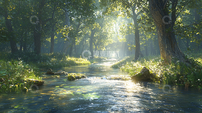 高清大图下载【趣麦麦图】阳光森林溪流