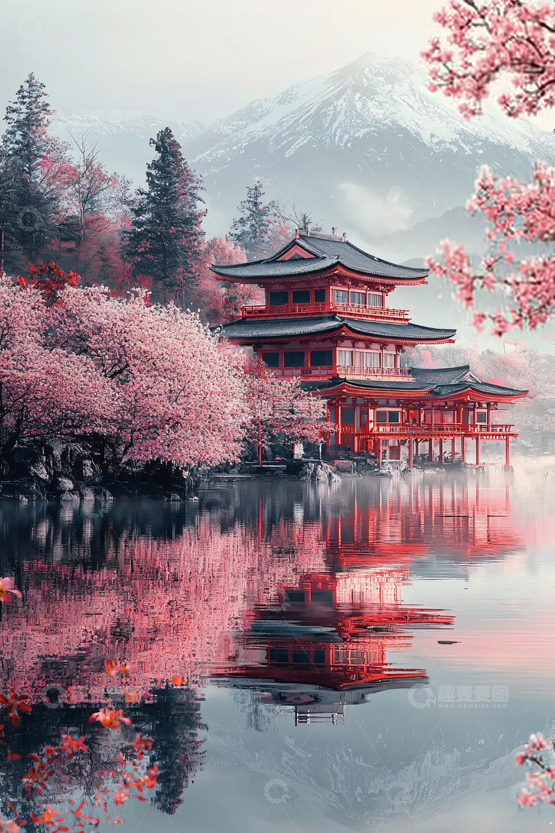 高清大图下载【趣麦麦图】富士山樱花红寺庙倒影