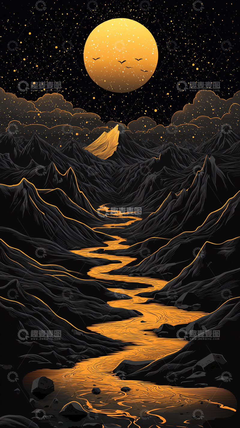 高清大图下载【趣麦麦图】金色月亮下的山河壮丽图
