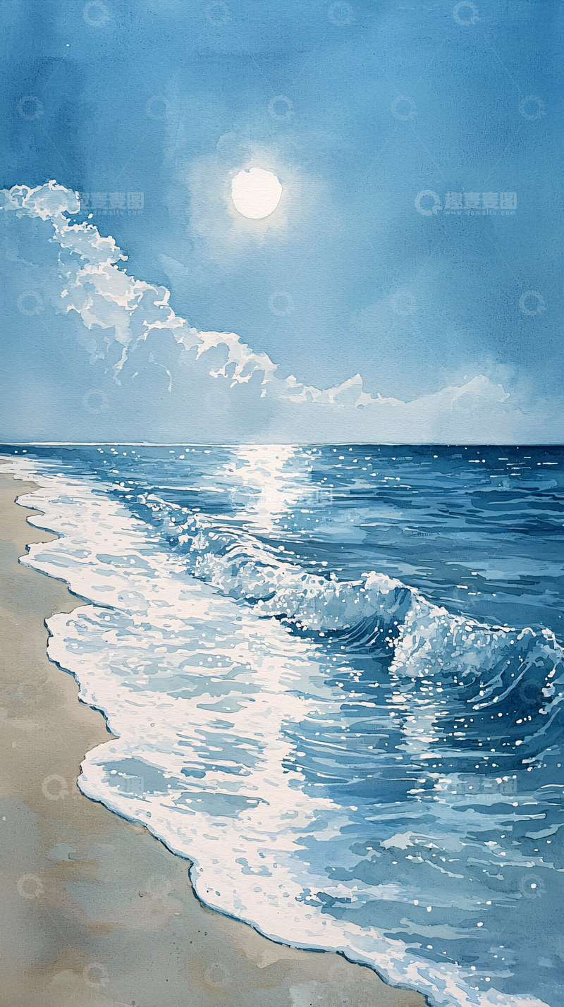 高清大图下载【趣麦麦图】海边水彩风景画