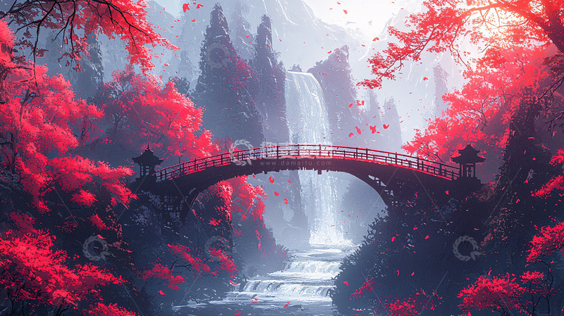 高清大图下载【趣麦麦图】红枫叶瀑布古桥仙境
