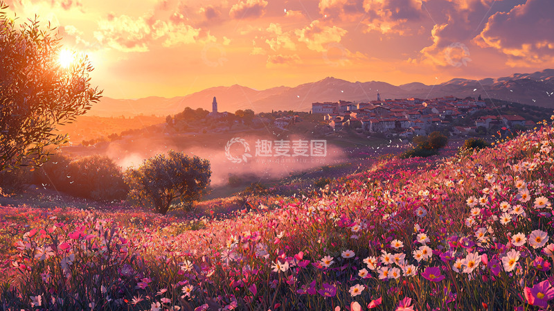 高清大图下载【趣麦麦图】日落花海小镇风景