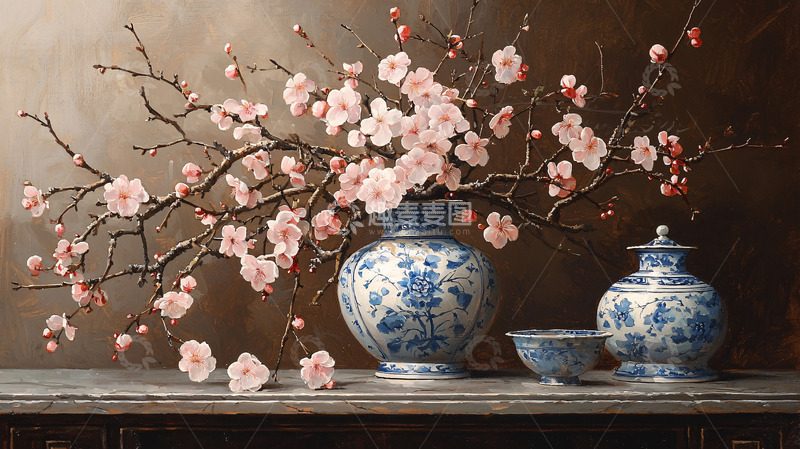 高清大图下载【趣麦麦图】粉红梅花瓷器静物画